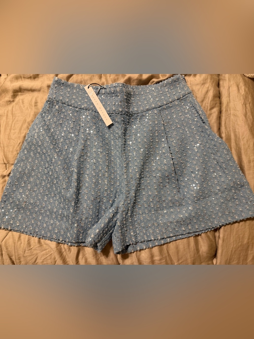 Susana Monaco Light Blue Sequin Tweed High-Waisted Shorts